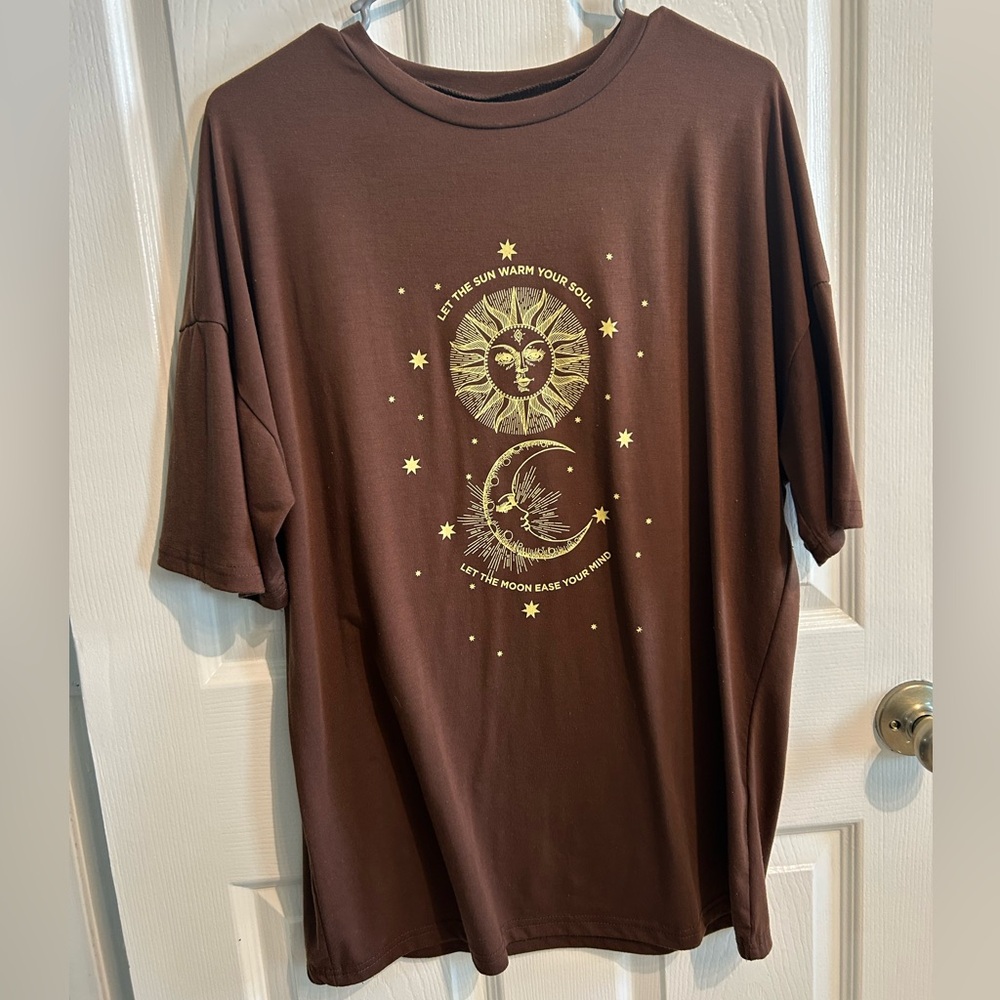 Brown Graphic Tee with Sun and Moon Design